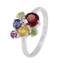 Min-seo multicolor gemstone ring for women with red, yellow, purple, and green stones in silver setting