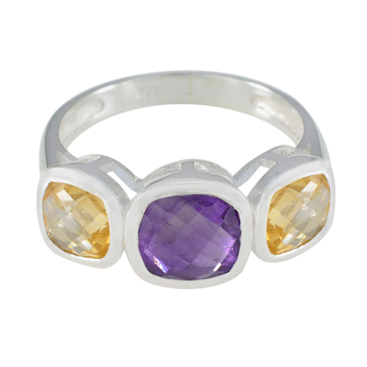 Priya three stone sterling silver ring with cushion amethyst center and citrine sides multicolor gemstone ring for women