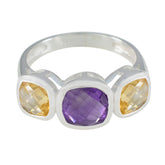 Priya three stone sterling silver ring with cushion amethyst center and citrine sides multicolor gemstone ring for women