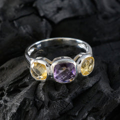 Priya sterling silver ring with cushion cut amethyst center and citrine side stones multicolor gemstone ring for women