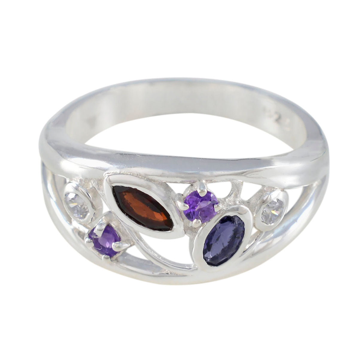 Meera sterling silver multicolor gemstone ring for women featuring purple blue brown and clear stones