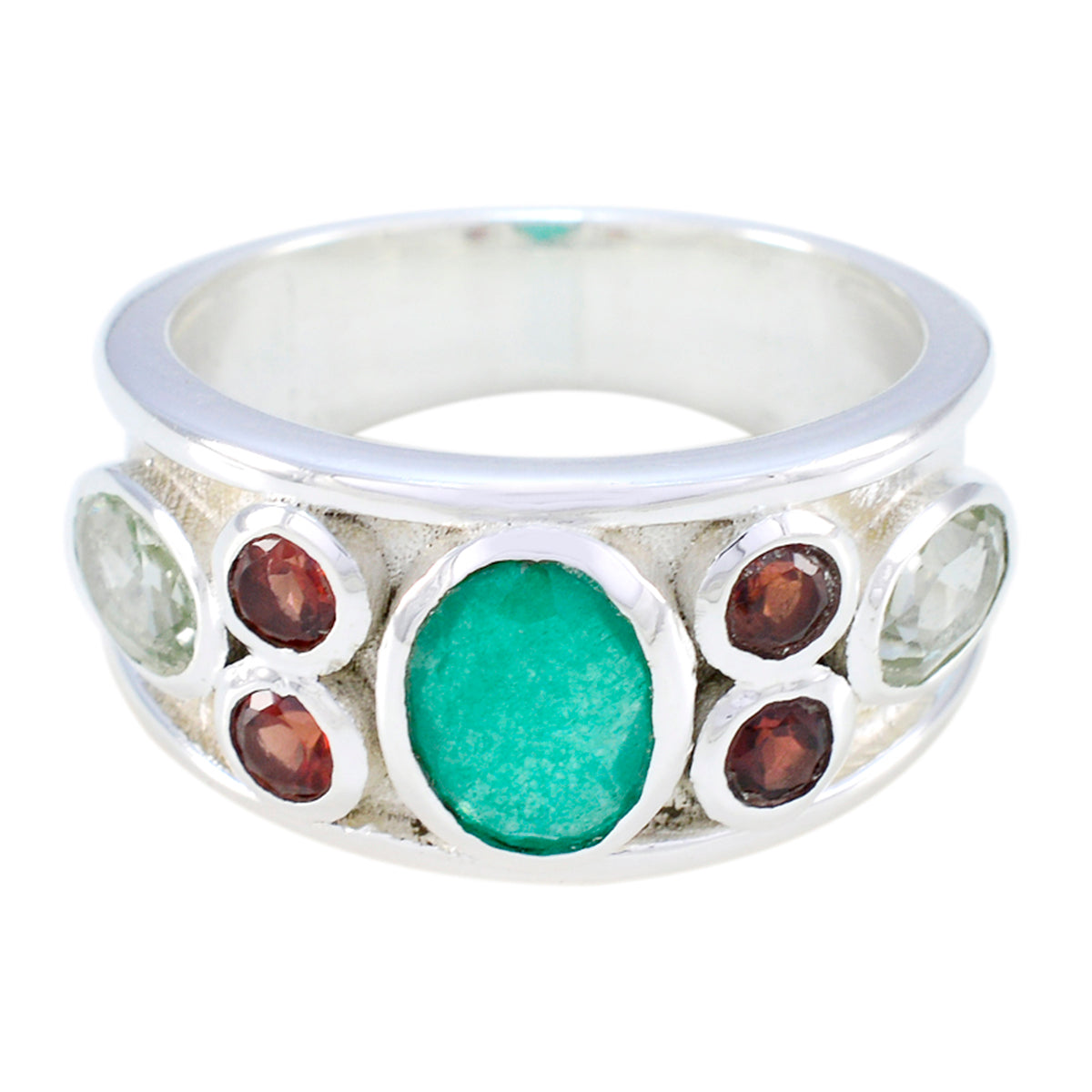 Natcha silver band multicolor gemstone ring with green, red, and clear stones in oval settings