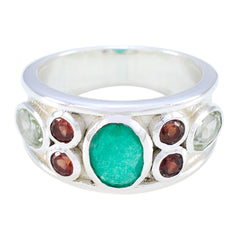 Natcha silver band multicolor gemstone ring with green, red, and clear stones in oval settings