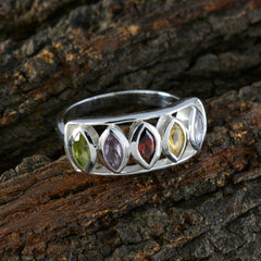 Aurora silver multicolor gemstone ring with marquise-shaped green, purple, red, yellow, and clear stones