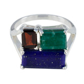Lakshmi multicolor gemstone ring with rectangular red, green, and blue stones set in silver band