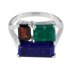 Lakshmi multicolor gemstone ring with rectangular red, green, and blue stones set in silver band