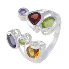 Nisa multicolor gemstone ring with red, green, purple, yellow, and blue stones set in silver