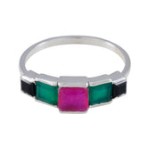 Haeun multicolor gemstone ring silver band with central pink square stone flanked by green and black square gems