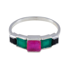 Haeun multicolor gemstone ring silver band with central pink square stone flanked by green and black square gems