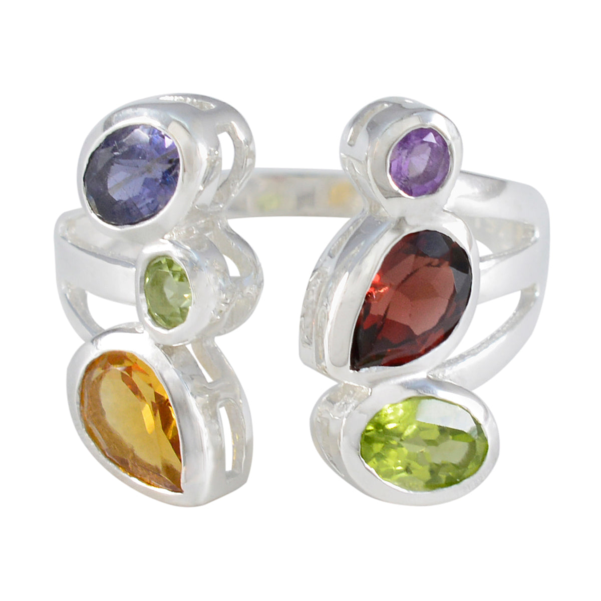 Nisa multicolor gemstone ring with amethyst, garnet, peridot, and citrine stones set in silver