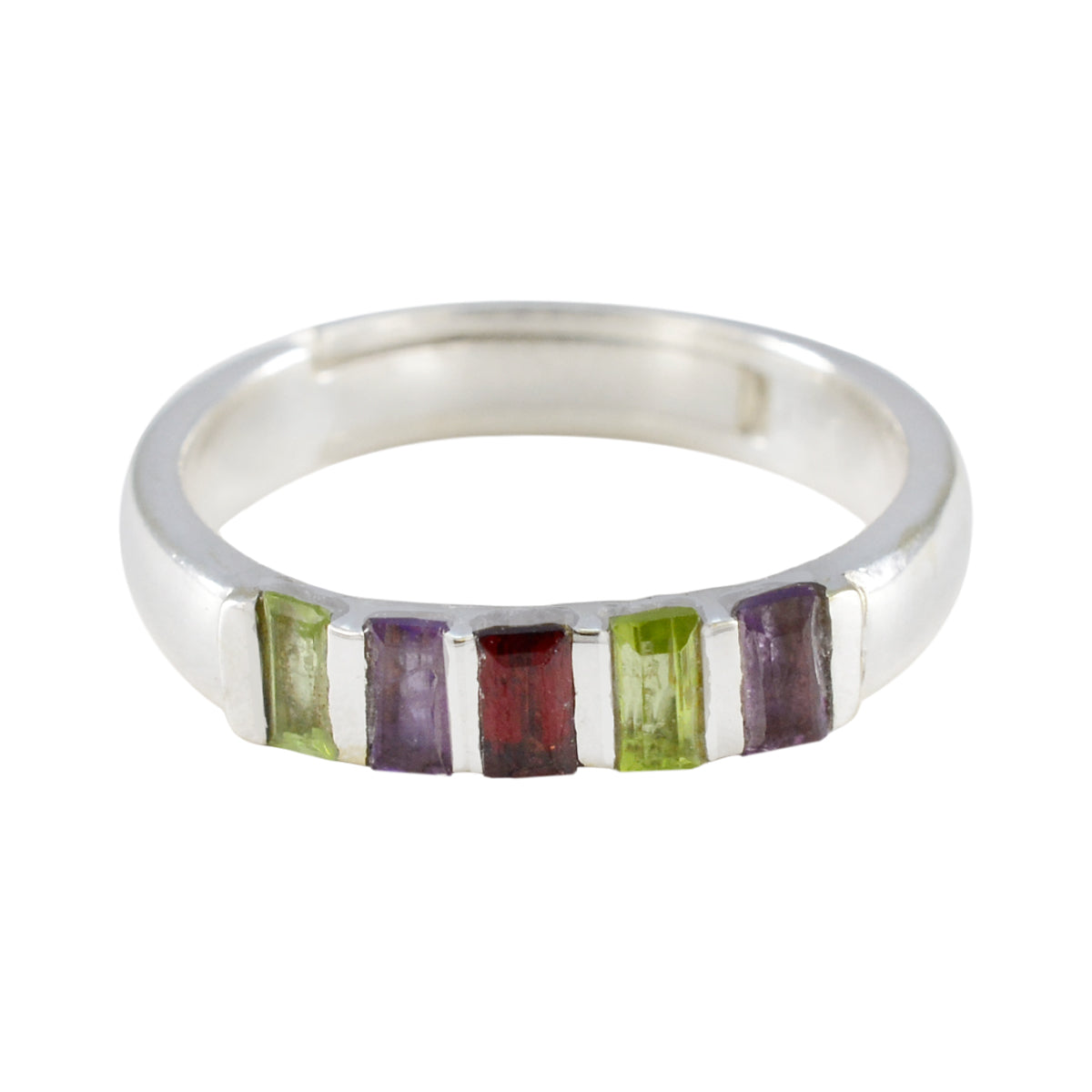 Jia sterling silver band with multicolor gemstone ring featuring five rectangular baguette stones