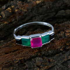 Haeun multicolor gemstone ring silver band with square pink center flanked by green and black stones