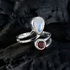 Isabel multicolor gemstone toi et moi ring with pear-shaped moonstone and round red garnet on silver band