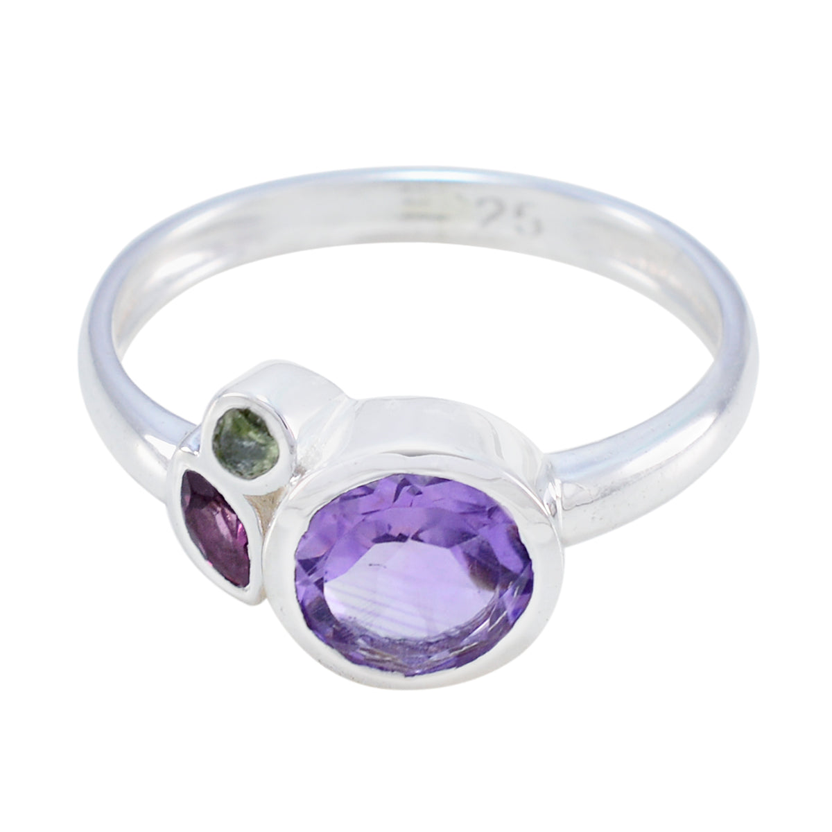 Min-seo multicolor gemstone trilogy ring with purple, green, and dark pink gemstones in silver band