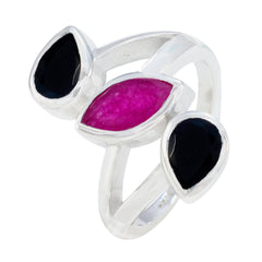 Priya silver multicolor gemstone trilogy ring with two black and one pink marquise-cut stones