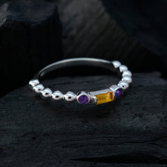 Xiu silver beaded band multicolor gemstone trilogy ring with central yellow baguette and two purple round stones