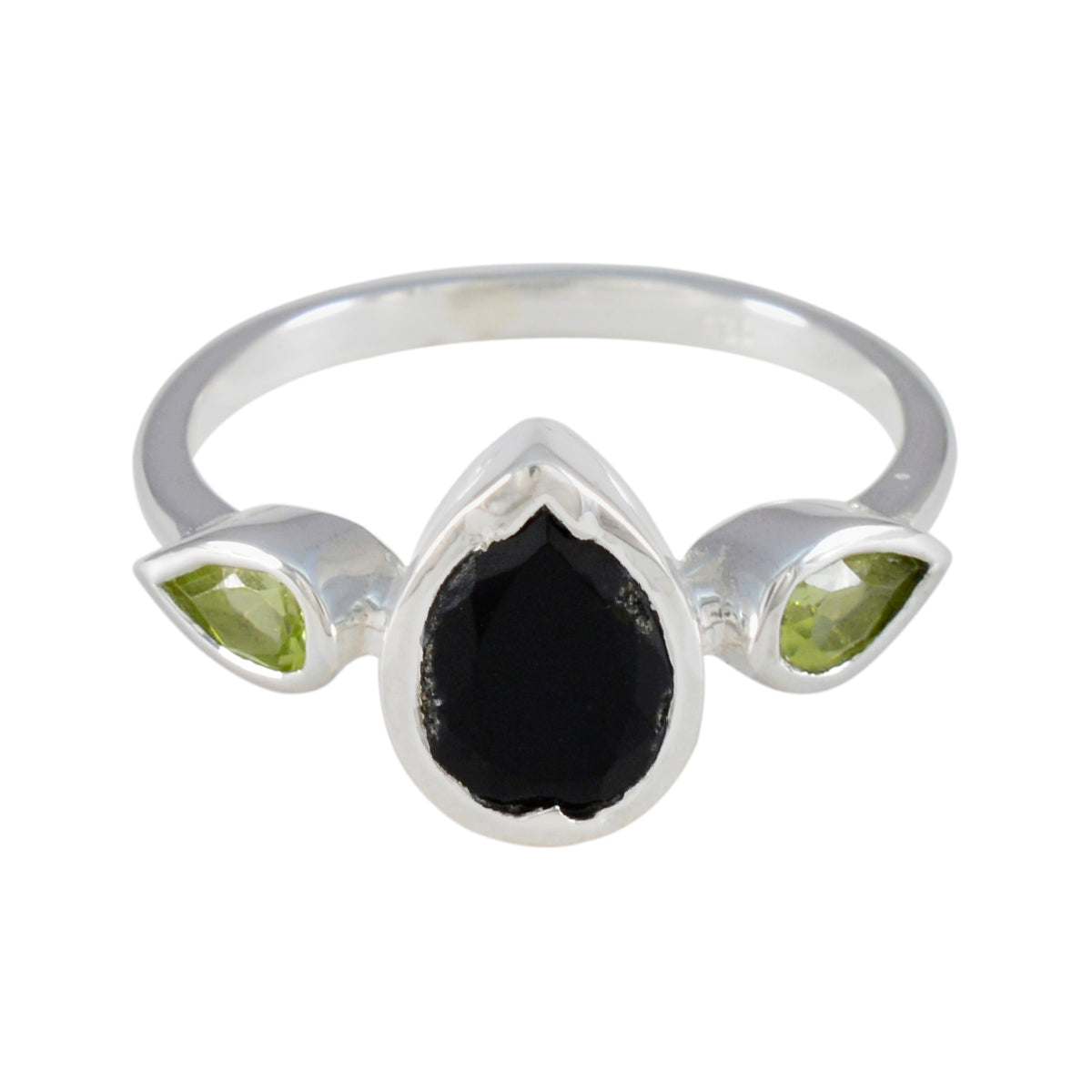 Yan multicolor gemstone trilogy ring with pear-shaped black and green gemstones in silver band