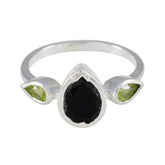 Yan multicolor gemstone trilogy ring with pear-shaped black and green gemstones in silver band