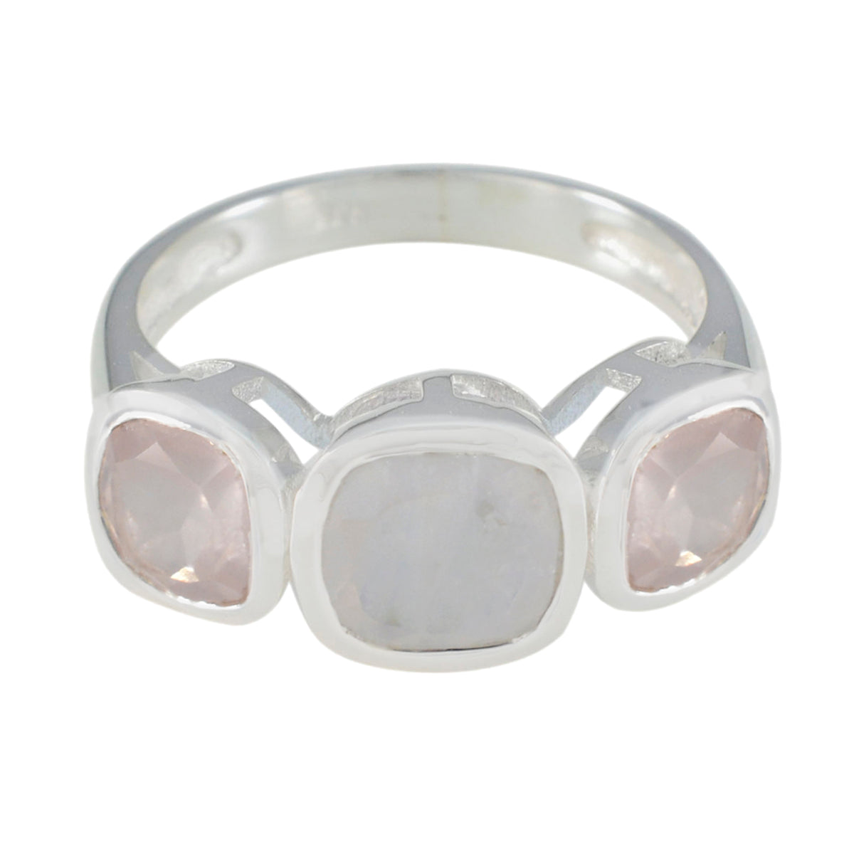 Ines multicolor gemstone trilogy ring with two pink stones and one white stone on silver band