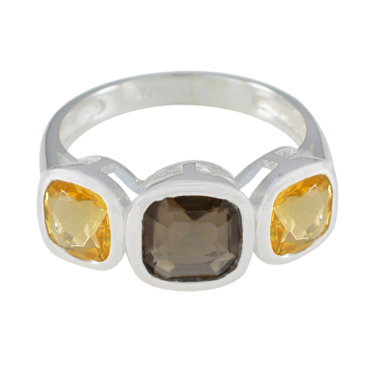 Saanvi multicolor gemstone trilogy ring with yellow and brown square gemstones in silver setting