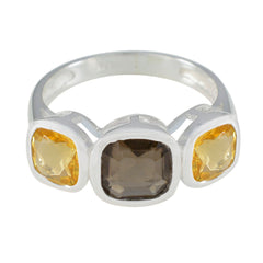 Saanvi multicolor gemstone trilogy ring with yellow and brown square gemstones in silver setting