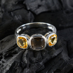 Saanvi multicolor gemstone trilogy ring with three square-cut yellow and brown gemstones set in silver band