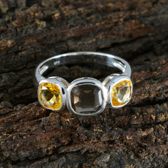 Saanvi multicolor gemstone trilogy ring with yellow and smoky quartz stones set in silver band