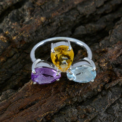 Cecilia multicolor gemstone trilogy ring with pear cut citrine, amethyst and aquamarine on silver band