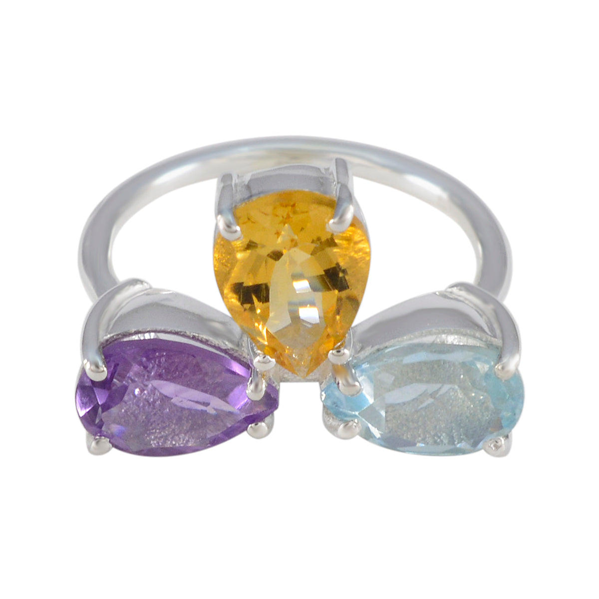 Cecilia multicolor gemstone trilogy ring with pear cut yellow citrine purple amethyst and light blue aquamarine on silver band