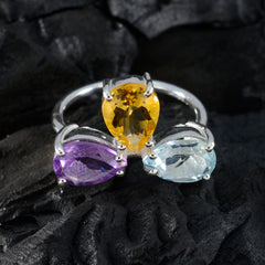 Cecilia silver ring with pear cut yellow citrine purple amethyst and light aquamarine multicolor gemstone trilogy ring