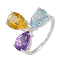 Cecilia sterling silver ring with pear cut citrine topaz and amethyst gemstones multicolor gemstone trilogy ring