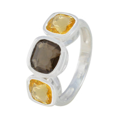 Saanvi multicolor gemstone trilogy ring with two yellow and one dark brown gemstone set in silver band