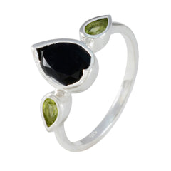 Yan multicolor gemstone trilogy ring with black and green pear-shaped stones in silver setting