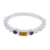 Xiu silver beaded band multicolor gemstone trilogy ring with central rectangular yellow stone and two round purple stones