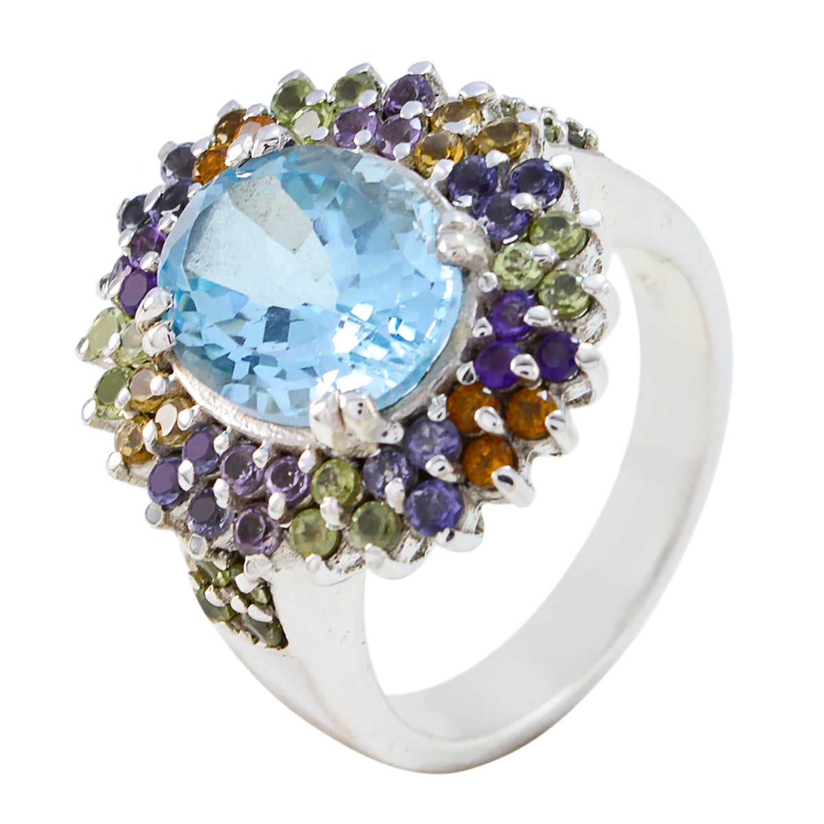 Eva Multicolor Halo Cocktail Ring with Blue Gemstone Multi Stone Multicolor