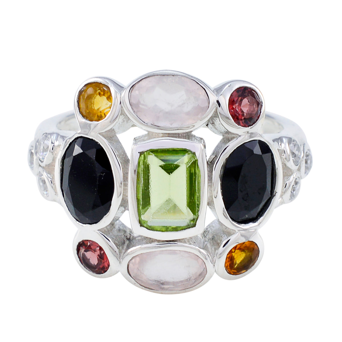 Laura multicolor navratna cocktail ring with vibrant assorted gemstones set in silver band