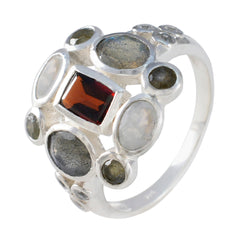 Kristine multicolor Navratna ring silver band with rectangular red center stone and multiple round grey and opalescent cabochons