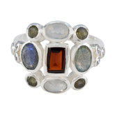 Kristine multicolor Navratna ring with central garnet rectangle and surrounding moonstone and labradorite in sterling silver band