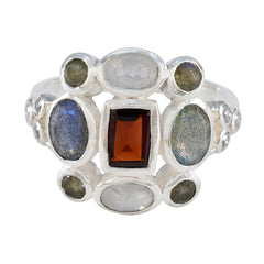 Kristine multicolor Navratna ring with central garnet rectangle and surrounding moonstone and labradorite in sterling silver band