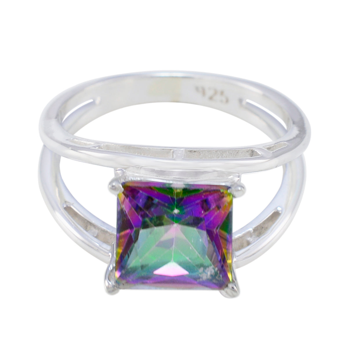 Amelia Multicolor Solitaire Ring Silver Square Gemstone Mystic Quartz Multicolor