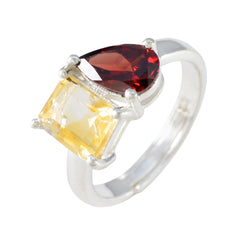 Jieun multicolor toi et moi ring sterling silver band with pear red garnet and square yellow citrine stones