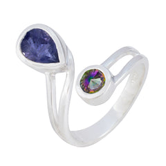 multicolor toi et moi ring Hazel silver open band with pear purple gemstone and round rainbow stone