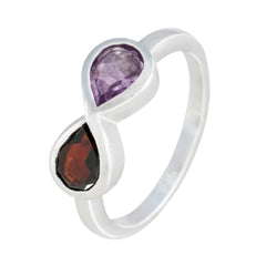 Hua sterling silver multicolor Toi et Moi ring with pear shaped purple amethyst and red garnet stones