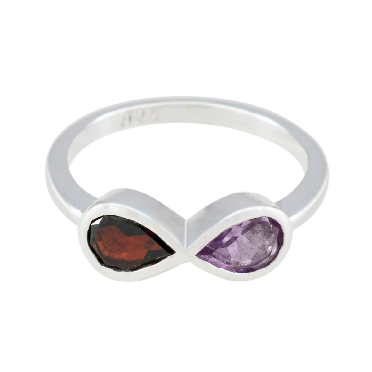 Hua sterling silver infinity band with pear red garnet and purple amethyst multicolor Toi et Moi ring