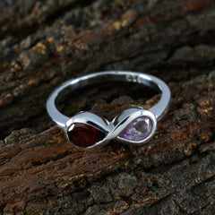 Hua sterling silver multicolor Toi et Moi ring with pear shaped garnet and light purple amethyst on bark