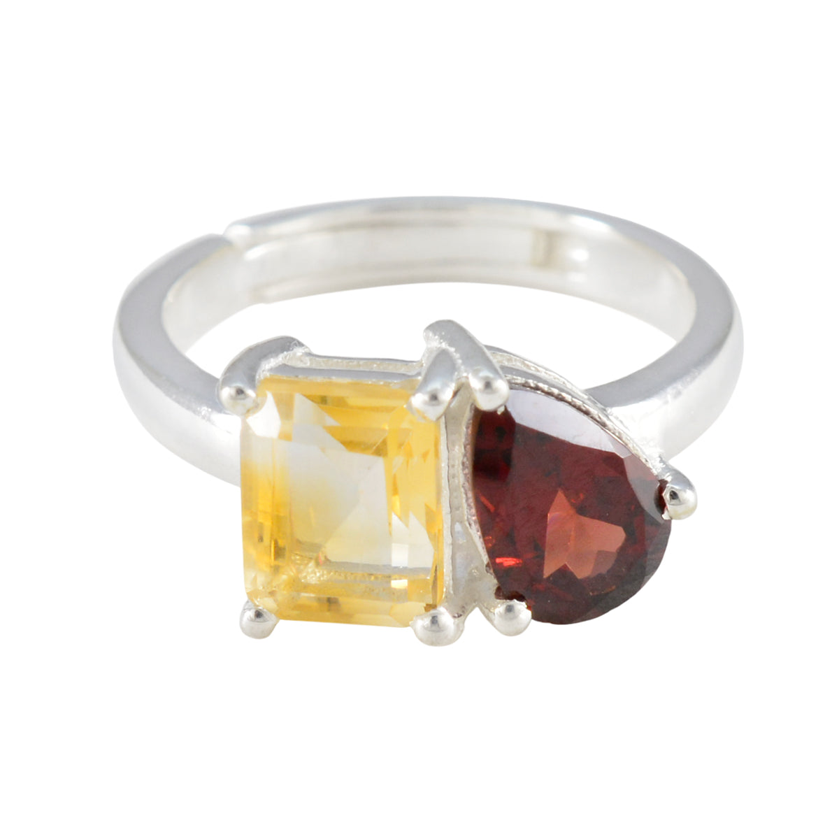 Jieun multicolor toi et moi ring silver band with square yellow gemstone and pear shaped red gemstone