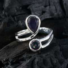 Hazel silver open band ring with pear purple stone and round mystic topaz multicolor toi et moi ring