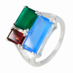 Charlotte multicolor trilogy cocktail ring in sterling silver with blue green and red rectangular stones
