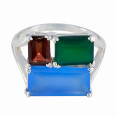 Charlotte multicolor trilogy cocktail ring with red green and blue rectangular stones in silver setting