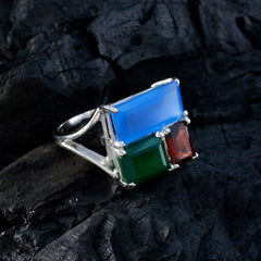 Charlotte multicolor trilogy cocktail ring in silver with blue green and red rectangular gemstones
